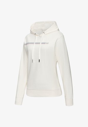 Cremfarbener Kapuzenpullover aus weichem Stoff. Mit einem horizontalen Streifenmuster in Rot und Blau, einer Front-Logostickerei und Kordelzügen.