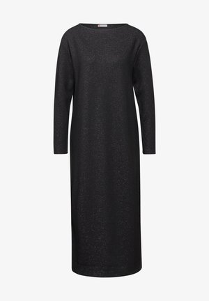 Czarna, dzianinowa sukienka na długi rękaw, o długości do kolan, z delikatnym srebrzystym połyskiem i okrągłym dekoltem.