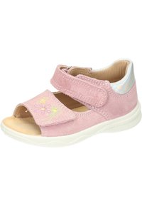 Pink suede sandal with open toe, Velcro strap, and embroidered floral design. White rubber sole with a slight shimmer accent on the heel.