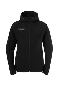 Zwarte softshelljas met een ritssluiting, verstelbare capuchon, zijzakken en een subtiele logo op de linkerborst. Soepele textuur.