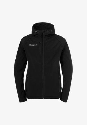 Sort softshell jakke med lynlås, justerbar hætte, sidelommer og et diskret logo på venstre bryst. Glat tekstur.