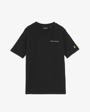 Schwarzes Baumwoll-T-Shirt mit kurzen Ärmeln, mit einem kleinen weißen "LYLE & SCOTT"-Logo auf der Brust und einem grünen gestickten Adler am Ärmel.