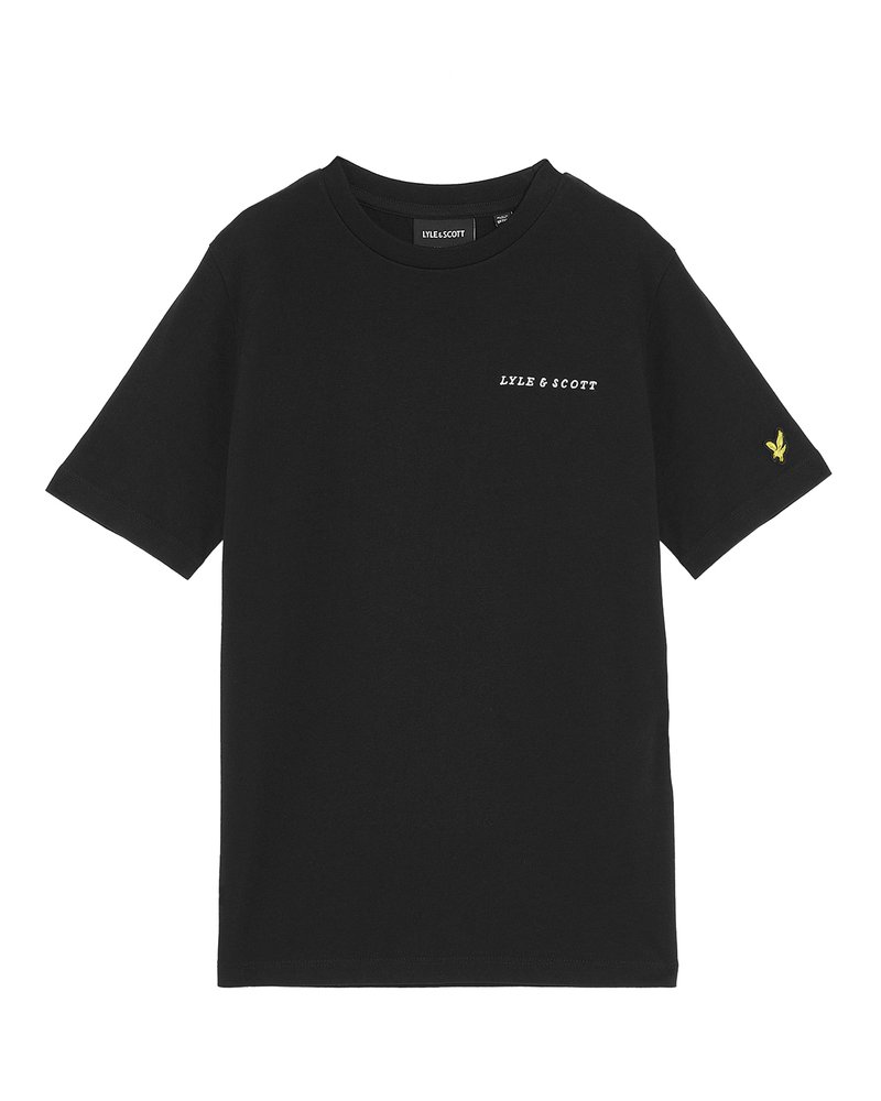 T-shirt en coton noir à manches courtes, avec un petit logo blanc "LYLE & SCOTT" sur la poitrine et un aigle brodé vert sur la manche.