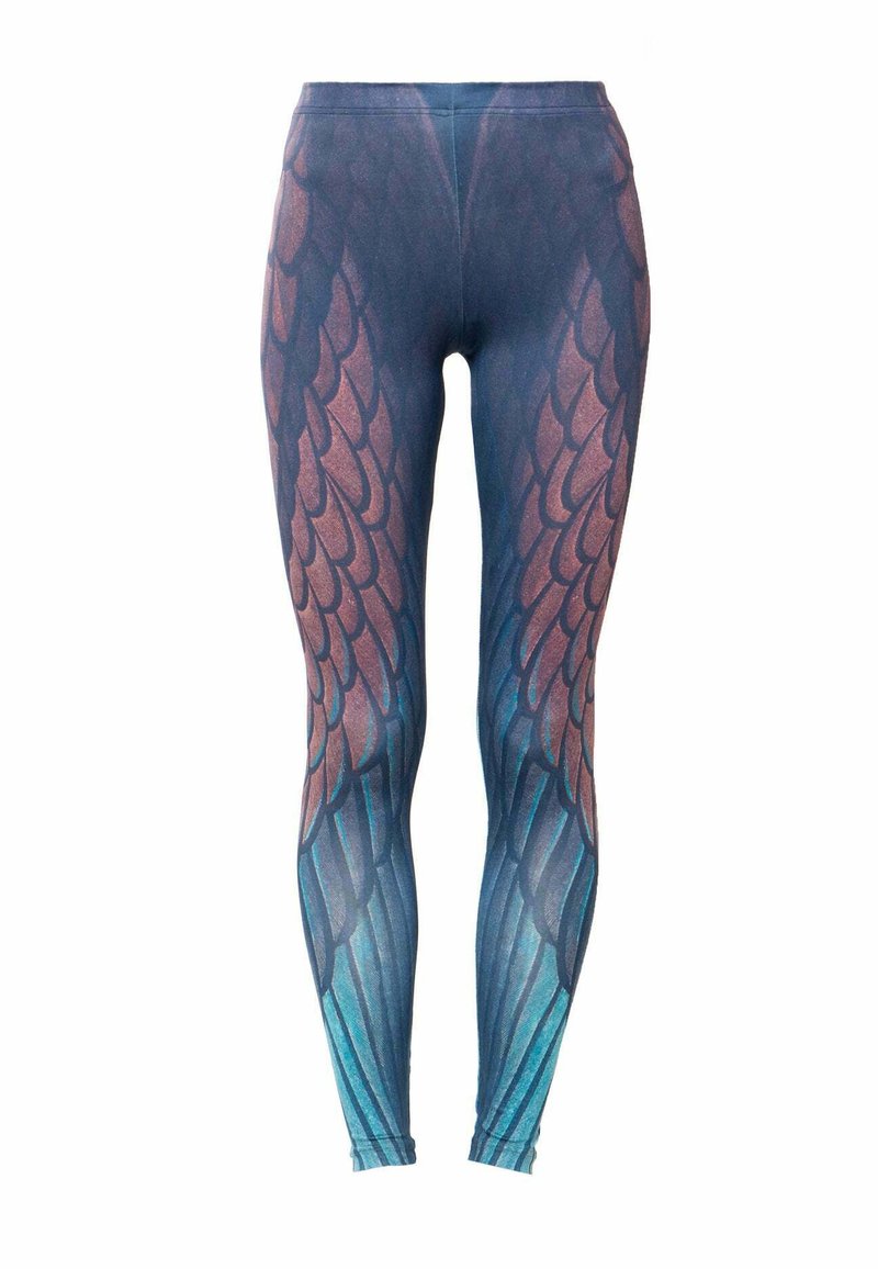 Kék és barna árnyalatokban, pikkelyszerű mintázatú, rugalmas anyagból készült leggings, amelyek a boka felé szűkülnek.