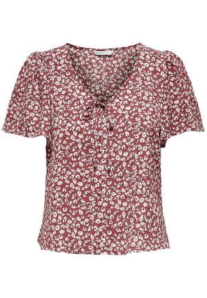 Rode blouse met korte mouwen, wit bloemenpatroon, V-hals en klein strikdetail aan de voorkant.