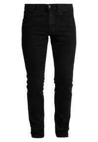 Mustat farkut slim fit -mallilla, joissa on edessä nappikiinnitys, viisi taskua ja vähäiset ompelukoristeet, tarjoten sileän pinnan.