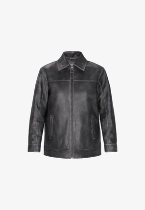 Melnās ādas jaka ar stāvošo apkakli, priekšējo rāvējslēdzēju, divām sānu kabatām un redzamām šuvēm. Gluda tekstūra un strukturēts dizains.