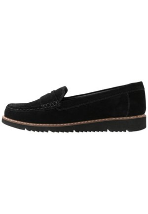 Black suede loafers with a raised stitching detail and a wedge rubber sole. Side view shows a smooth texture and minimalistic design.