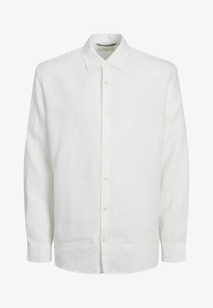 Camicia bianca a maniche lunghe in lino, con chiusura a bottoni, colletto classico e una sottile texture. Le maniche si fermano al polso con polsini a bottoni.