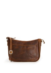 Hnědá kožená crossbody taška se zipovým uzávěrem, přední kapsou a nastavitelým popruhem. Měkká textura a diskrétní logo na přední straně.