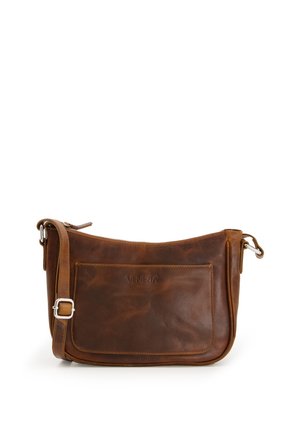 Brown leather crossbody bag with a zip closure, front pocket, and adjustable strap. Soft texture and subtle branding on the front.