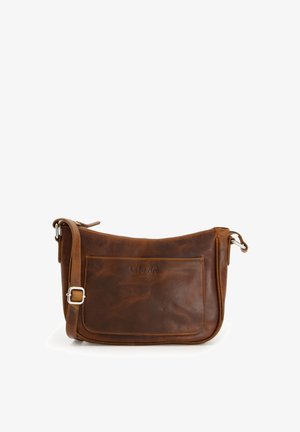 Brown leather crossbody bag with a zip closure, front pocket, and adjustable strap. Soft texture and subtle branding on the front.