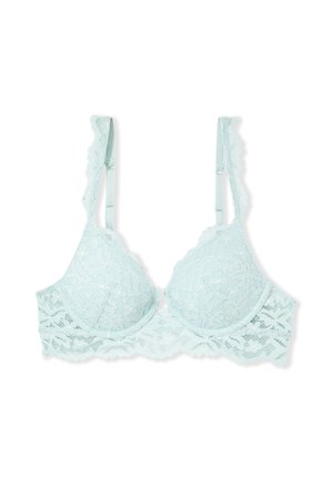 Hellblauer Spitzen-BH mit gewellten Rändern, verstellbaren Trägern und Bügelcups auf weißem Hintergrund.