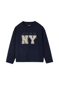 Marineblaue Langarm-Sweatshirt mit rundem Halsausschnitt, versehen mit einem Textgrafikdesign "LET'S GO TO NY" in floralem Muster auf den Buchstaben.