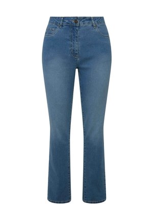 Blå denimjeans med lige ben, mellemhøj talje og traditionel knaplukning, med frontlommer og minimal syning.