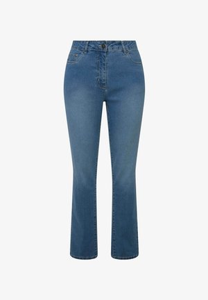 Blauwe denim jeans met een rechte pijp, een middelhoge taille en een traditionele knoopsluiting, met zijzakken en minimale stiksels.