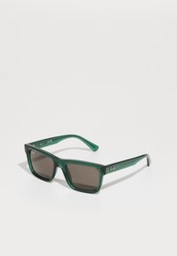 Roheline plastikust päikeseprillid ruudukujulise raamiga, pruunide toonitud läätsede ja Ray-Ban logo templitel. Sile tekstuur ja voolujooneline disain.