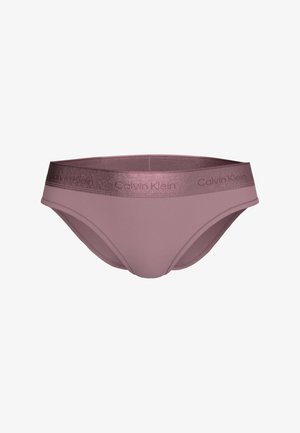 Braguitas de bikini para mujer de Calvin Klein en color malva con una cintura ancha y brillante con logos repetidos de "Calvin Klein".