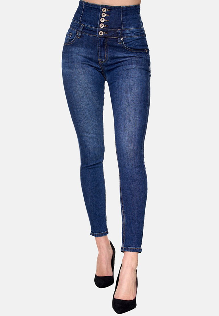 High-waisted skinny jeans van donkerblauwe denim, met een sluiting van vijf knopen, zijzakken en een slanke pasvorm tot aan de enkel.