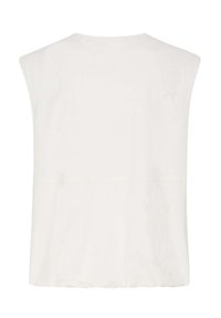 Veste blanche sans manches avec un ourlet droit et une large coupe aux épaules, vue de dos sur un fond uni.
