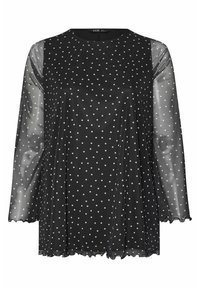 Blusa nera con maniche lunghe trasparenti, dotata di scollatura rotonda e pois bianchi. Tessuto morbido con dettagli di orlo scallop.
