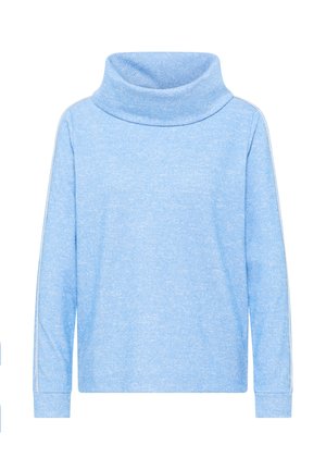 Ljusblå, ribbad tröja i stickad modell med bred, vikt kapuschong och långa ärmar. Har vita ränder längs sid- och sömmarna.