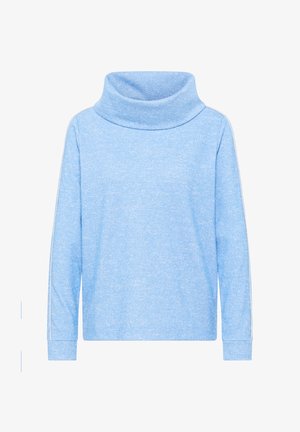 Ljusblå, ribbad tröja i stickad modell med bred, vikt kapuschong och långa ärmar. Har vita ränder längs sid- och sömmarna.