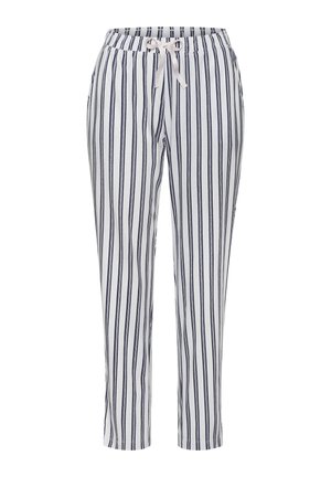 Un pantalon rayé en blanc et bleu marine, fabriqué en tissu doux. Il présente une taille élastique avec un cordon de serrage et des jambes fuselées.