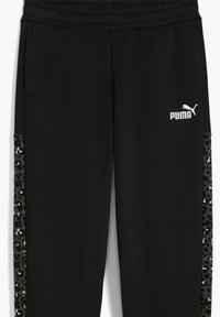Juodi sportiniai džinsai su elastinga juosta, išryškinančiais leopardų rašto šonų paneles ir baltu Puma logotipu priekyje. Minkšta medžiaga.
