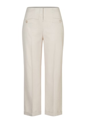 Beige, high-waisted, rechtbenige broek met een voorplooi, met knopen gesloten zijzakken en een omslagzoom.