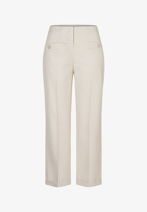 Beige high-waist straight-leg trousers with front crease, buttoned side pockets, and a cuffed hem.