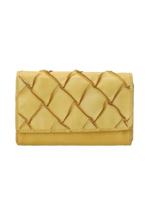 Yellow leather wallet with a woven pattern on the front, featuring a smooth texture and a flap closure.