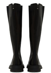 Botas de cuero negro hasta la rodilla con cremalleras dobles laterales y una suela de goma resistente, con una textura suave y un diseño elegante.