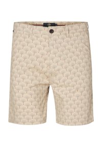 Pantaloni corti beige con un motivo a ventaglio ripetuto in marrone chiaro e corallo. Presentano una chiusura a bottone e passanti per la cintura, con una texture liscia.