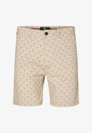 Beige korte broek met een herhalend waaierpatroon in lichtbruin en koraal. Inclusief knoopsluiting en lussen voor de riem, met een gladde textuur.