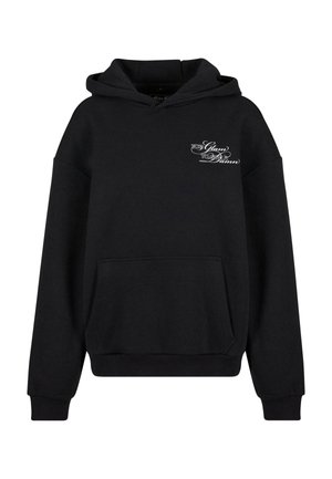 Sudadera negra hecha de una mezcla de algodón. Cuenta con un bolsillo frontal y capucha con cordón. Logo de texto blanco en el área del pecho izquierdo.
