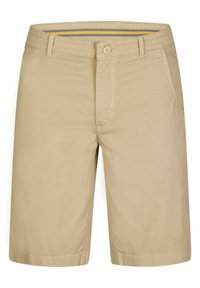 Beige shorts van lichtgewicht stof met een rechte voorkant, twee zijzakken en een knoopsluiting. Het binnenwerk heeft een grijs en gele streep.