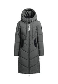 Cappotto lungo imbottito grigio con cappuccio, dotato di cerniera frontale, cordino e accenti neri. Motivo a diamante trapuntato, texture morbida.