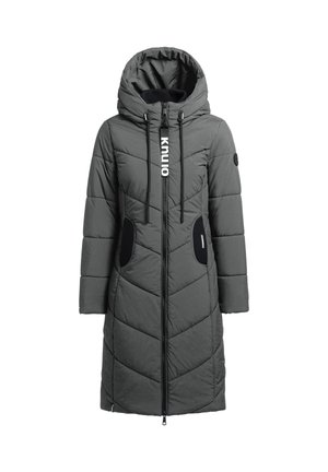 Pilkas ilgus pridėtas paltas su kapišonu, turintis priekinį užtrauktuką, virvutę ir juodus akcentus. Deimanto siuvinėjimo raštas, minkšta tekstūra.