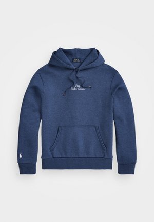 Navy blue hoodie made of cotton blend, featuring a front kangaroo pocket, drawstring hood, and embroidered logo on chest and sleeve.