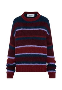 Knit-Sweater in Burgunderrot mit horizontalen Streifen in Marineblau, Pink und Helllila. Verfügt über einen Rundhalsausschnitt und gerippte Bündchen. Weicher Textur.