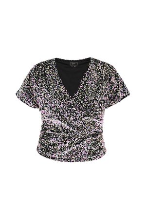 Top corto negro de manga corta con escote en V profundo, decorado con lentejuelas multicolores y un diseño frontal retorcido para una apariencia ajustada.