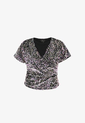 Top corto negro de manga corta con escote en V profundo, decorado con lentejuelas multicolores y un diseño frontal retorcido para una apariencia ajustada.