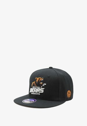 Musta kangaslakki, jossa on kirjailtu ruskea karhukuva ja valkoinen teksti "MASTUB BEARS MINNESOTA" edessä.