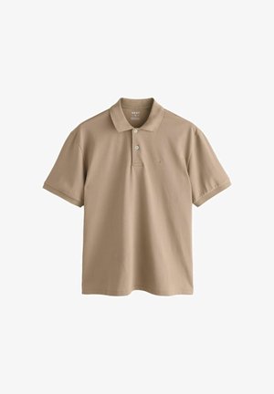 Beige Poloshirt aus glattem Baumwollstoff, mit klassischem Kragen, zwei Knöpfen, kurzen Ärmeln und einem kleinen Logo auf der Brust gestickt.