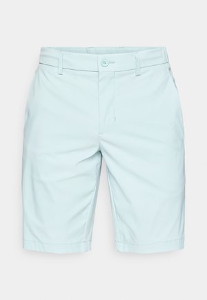 Shorts bleu clair en tissu doux, avec une fermeture à boutons, des passants de ceinture et une coupe droite. Aucune poche visible à l'avant.
