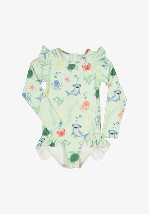 Langærmet badedragt i mintgrønt stof med et marinelivsmotiv, herunder hajer, blæksprutter og krabber, prydet med volanger.