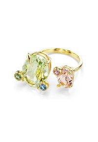 Anello d'oro con due grandi gemme ovali: una verde affiancata da pietre più piccole di colore blu e rosa. Design elegante e moderno.