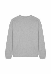 Felpa grigia, collo rotondo, maniche lunghe, realizzata in tessuto misto cotone, con polsini e orlo a costine, superficie liscia, forma rettangolare.