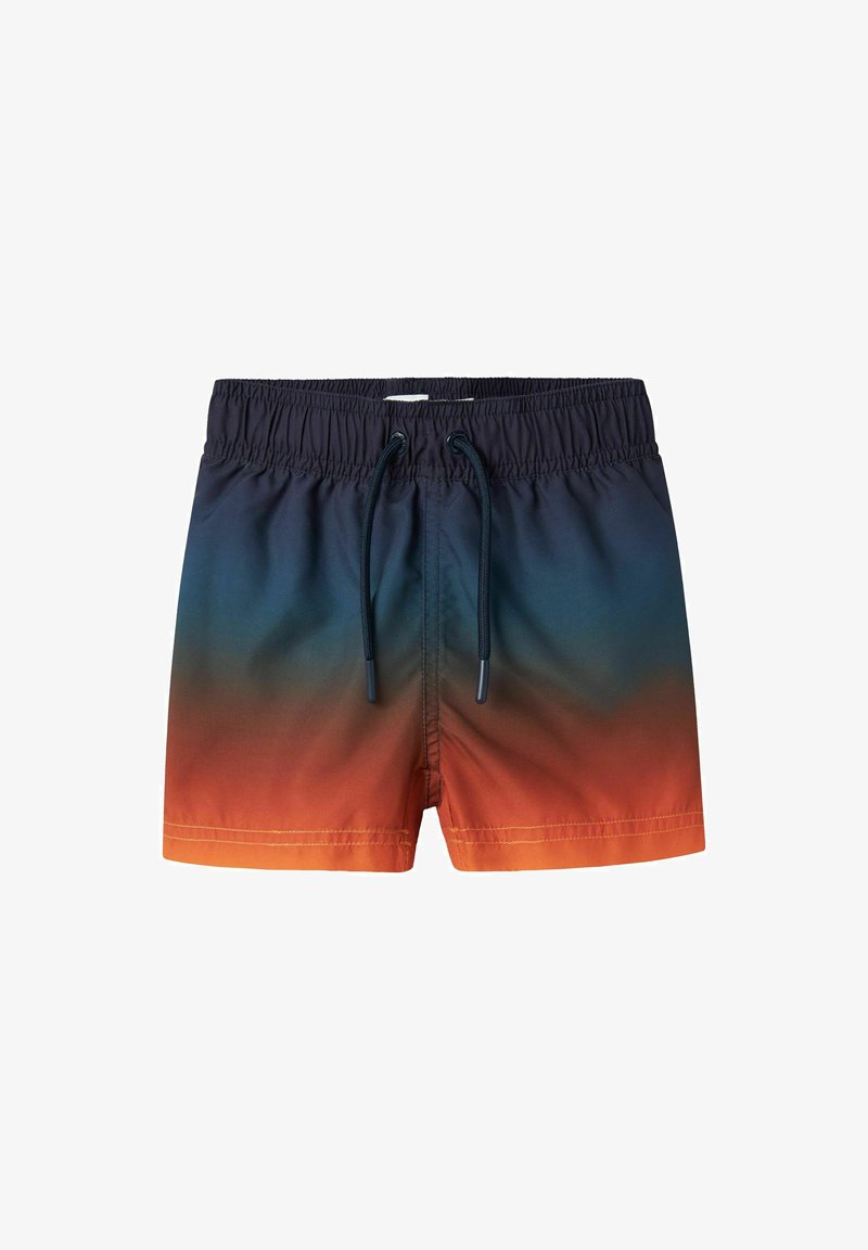 Miesten uimapuvut, joissa on joustava vyötärö, nauha ja liukuvärjäys, joka siirtyy sinisestä oranssiin. Valmistettu sileästä kankaasta.